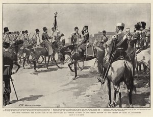 Der Zar beobachtet den Vorbeimarsch seiner Leibgarde (2. Kosaken-Garde) bei der Frühjahrsparade auf dem Marsfeld, St. Petersburg von Frederic de Haenen