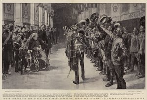 Dreifaches Hoch auf die Königin, Ihre Majestät inspiziert invalide Kolonialfreiwillige im Windsor Castle