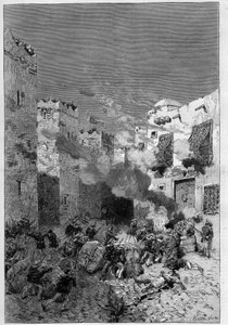 Tunesien, Juli 1881: Französische Truppen erobern die Stadt Stax nach dem Aufstand der Einwohner gegen das französische Protektorat von Tunesien. Marinegewehre rauchen arabische Häuser am Fuße der Kasbah - Gravur von De Haenen in „Das illustrierte Universu