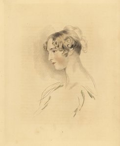 Porträt von Mary Isabella Bloxam als junge Frau, Nichte von Sir Thomas Lawrence. Mit hochgestecktem und gelocktem Haar, in einem schulterfreien Kleid. Gravur von Frederick Christian Lewis nach einer Illustration von Sir Thomas Lawrence aus P.G. Patmore