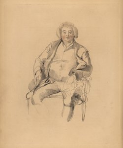 Porträt von Sir Thomas Lawrences Vater, Gastwirt Thomas Lawrence. Korpulenter Mann mit Perücke auf einem Stuhl sitzend. Handkolorierter Stich von Frederick Christian Lewis nach einer Illustration von Sir Thomas Lawrence aus P.G. Patmores Cabinet of Gems, A von Frederick Christian Lewis