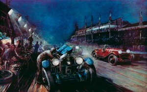 Einer der erfolgreichen Lorraine-Dietrich-Wagen tankt während der Nachtrunde im 24-Stunden-Rennen von Le Mans nach von Frederick Gordon (after) Crosby