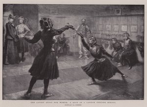 Der neueste Sport für Frauen, ein Kampf in einer Londoner Fechtschule
