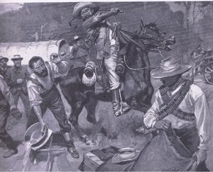 Burenbehandlung von Friedensgesandten: Die Auspeitschung von Margendaal, aus After Pretoria: Der Guerillakrieg veröffentlicht von Harmsworth Bros Limited, 1901