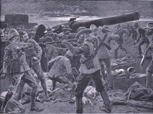 Der Angriff auf Gun Hill: Die Kanoniere der Marine 47 überrascht, aus After Pretoria: Der Guerillakrieg veröffentlicht von Harmsworth Bros Limited, 1901
