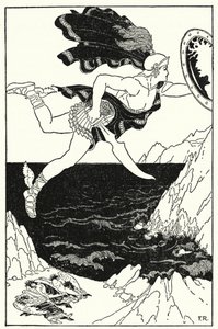 Perseus flog vorsichtig nach unten und hielt dabei seine Augen auf Medusas Gesicht, wie es sich in seinem Schild spiegelte von Frederick Richardson