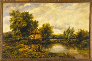 Eine Flusslandschaft mit einem Angler bei einer Mühle