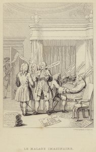 Le Malade Imaginaire: Satire, die den Autor und Botaniker John Hill im Bett zeigt, der von einer Reihe von Ärzten konsultiert wird, die alle entschlossen sind, ihre Gebühren zu sichern