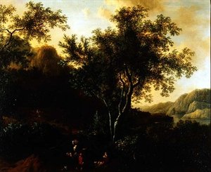 Italienische Seenlandschaft mit Reisenden auf einem Pfad
