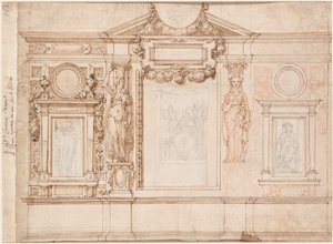 Entwurf für eine Wanddekoration mit eingeklebten Skizzen nach Raphael (verso) von Frederico Zuccaro