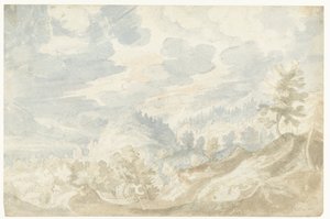 Berglandschaft mit Blick auf ein Tal (der Donau?) und einen Kirchturm