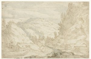 Ansicht eines Tals mit einem Dorf und einem Bergbach (Skizzenbuch)