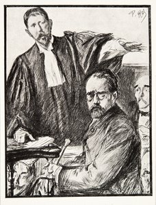 Dreyfus bei seinem Prozess, aus „Geschichte der Dritten Republik“, Bd. I, „Die politische Geschichte“, veröffentlicht 1933 (Lithografie)