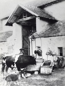 Bauern um einen Brunnen auf einem Bauernhof, ca. 1860-70 von French Photographer