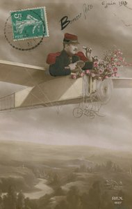 Flieger liefert Blumen (handkoloriertes Foto)