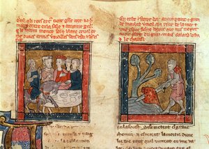 184 Fr.110 f.405 Galahad kommt zu Arthur und zieht das Schwert aus dem schwimmenden Stein im Fluss bei Camelot, ca. 1250-80