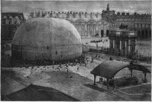 Weltausstellung 1878 in Paris: Aufblasen des gefangenen Ballons von Henri Giffard im Hof der Tuilerien. Gravur in „Le Monde Illustré“ Nr. 1112 vom 20. Juli 1878.