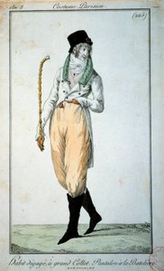 Pariser Anzug mit großem Kragen, Hose mit Stiefeln. Paris, Musee du Costume von French School