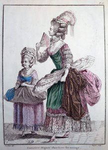 Mode des 18. Jahrhunderts: eine elegante Designerin liefert ihr Werk, einen mit Walen besetzten Unterrock, der verwendet wird, um das Kleid der Frauen zu stützen. Gravur von 1778 Paris, dekorative Künste von French School