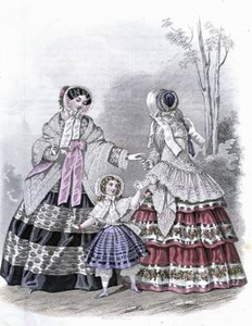 2 modische Frauen mit einem Mädchen auf einem Spaziergang - im „Journal des Demoiselles“ 1852. von French School