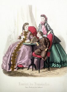2 Frauen und ein Junge: Mode - in „Magazine des damoiselles“, Dezember 1864 von French School