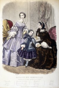 2 Frauen und ein Mädchen: Mode - im „Magasin des damoiselles“, ca. 1850 von French School