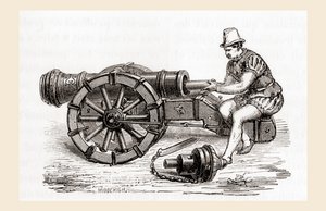 Eine deutsche Hinterladerkanone aus dem 16. Jahrhundert, aus Les Merveilles de la Science, veröffentlicht um 1870 (Stich)