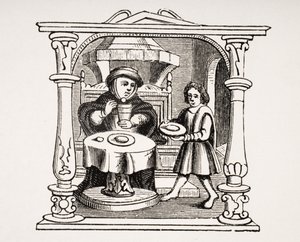Ein Bürger isst seine Mahlzeit, nach einer Illustration in einem Manuskript aus dem 16. Jahrhundert, aus Le Moyen Age et La Renaissance von Paul Lacroix (1806-84) veröffentlicht 1847