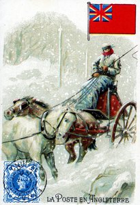 Ein Postbote in England, der im Winter Post zustellt, späte 19. Jahrhundert von French School