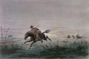 Ein Postbote des amerikanischen Pony Express wird von Ureinwohnern angegriffen von French School
