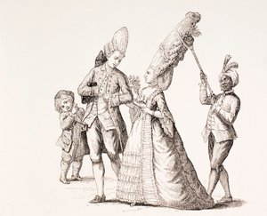 Eine Satire auf die extremen Frisuren der Frauen im 18. Jahrhundert in Paris, 1875