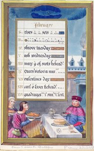 Ein viktorianisches Kalenderblatt für Februar mit einer Illustration aus dem Stundenbuch der Anne de Bretagne (1488-1514)