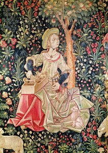 Eine Frau beim Spinnen, (Detail) aus Le Travail de la Laine, Teil von La Noble Pastorale, ca. 1500