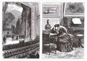 Eine Frau hört eine Opernaufführung in ihrem eigenen Zuhause mittels des Ader-Bell-Telefons und Aders Anordnung zur Musikübertragung, aus Les Nouvelles Conquetes de la Science von Louis Figuier von French School