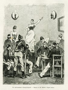 Ein Café singend in Bourg Leopold. Gravur von A.Hubert zur Illustration der Geschichte La Belgique, von Camille Lemonnier, in le tour du monde 1886, herausgegeben von Edouard Charton (1807-1890), Hachette, Paris von French School