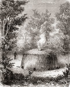 Ein Holzkohlemeiler im Wald, nach einer Zeichnung aus dem 19. Jahrhundert, aus Les Merveilles de la Science, veröffentlicht um 1870 (Gravur)