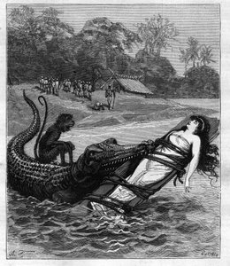 Ein Krokodil schnappt sich ein Holzbrett, an dem eine Frau befestigt ist. Illustration aus „Reise um die Welt des Seemanns Biribi“ von Theodore Labourieu und Saint Vrin (Saint-Vrin). Gravur von 1880 in „La république illustrée“, private Sammlung. von French School
