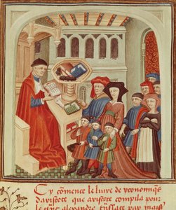 Eine Familie vor einem Finanzier, Miniatur aus Ethik, Politik, die Wirtschaft von Aristoteles, Frankreich