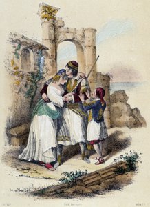 Eine Familie umgeben von Ruinen; Illustration für Griechenland, - in „The twelve Nations“ von M.E Fouinet
