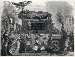 Ein Leichenwagen, der Voltaires Leichnam trägt (François Marie Arouet)