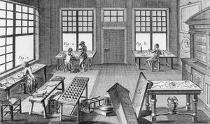 Eine Werkstatt für Möbelintarsien, aus der Encyclopedie des Sciences et Metiers von Denis Diderot (1713-84) veröffentlicht ca. 1770
