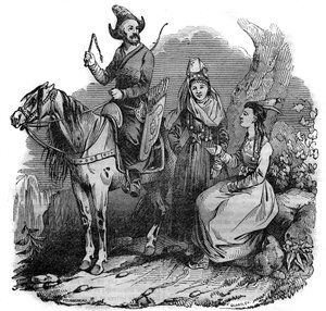 Eine Gruppe von Kirgisen (Kirgisen) Kosaken in traditioneller Tracht. In „Der malerische Laden“ 1835 von French School