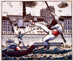 Ein Ritterturnier bei einem Flussfest an der Seine, Paris, ca. 1890-1920 (Farbholzschnitt) von French School