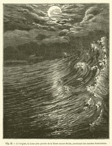 Ursprünglich, der Mond näher an der Erde, noch flüssig, erzeugte gewaltige Gezeiten von French School