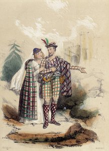 Ein Mann im Kilt und sein Begleiter vor einem Schloss; Illustration für Schottland in „The twelve Nations“ von M.E. Fouinet