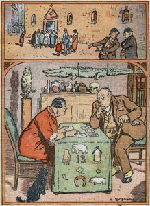 Ein Mann verspottet Gläubige auf dem Weg zur Messe. Derselbe Mann hört aufmerksam den Worten eines Hellsehers zu. Karikatur in „Le Pelerin“ 26. Februar