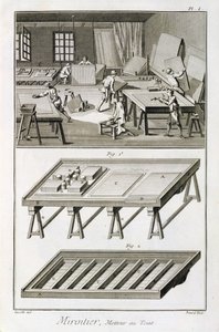 Eine Spiegelmacherwerkstatt und Werkzeuge, aus der Encyclopedie des Sciences et Metiers von Denis Diderot (1713-84) veröffentlicht ca. 1770