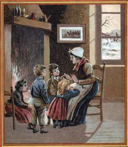 Eine Mutter erzählt ihren Kindern Geschichten am Feuer. Umschlag des Buches „Les tales du foyer pour les petits“. Anonyme Gravur aus dem 19. Jahrhundert.