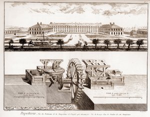 Eine Papiermühle - Schreibwaren: Ansicht der Gebäude der Fabrik von Anglée bei Montargis - Ansicht des Zahnrads einer der Mühlen dieser Fabrik - „Die Große Enzyklopädie, oder Wörterbuch der Wissenschaften, Künste und Berufe“ von Denis Diderot (1713-1784) u von French School