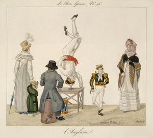 Ein Künstler steht auf dem Kopf und balanciert auf einem Glas, Platte 96 aus Le Bon Genre, ca. 1810